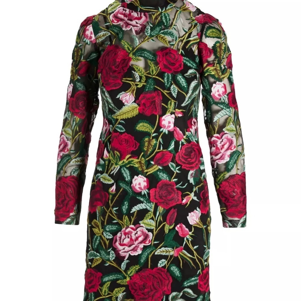 Boston Proper Festive Rose Embroidered Lace Long Sleeve Sheath Dress